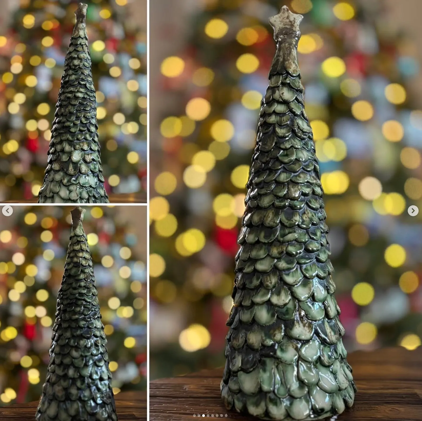 Ceramic Christmas tree with hand-pinched overlapping scales in deep green glaze.