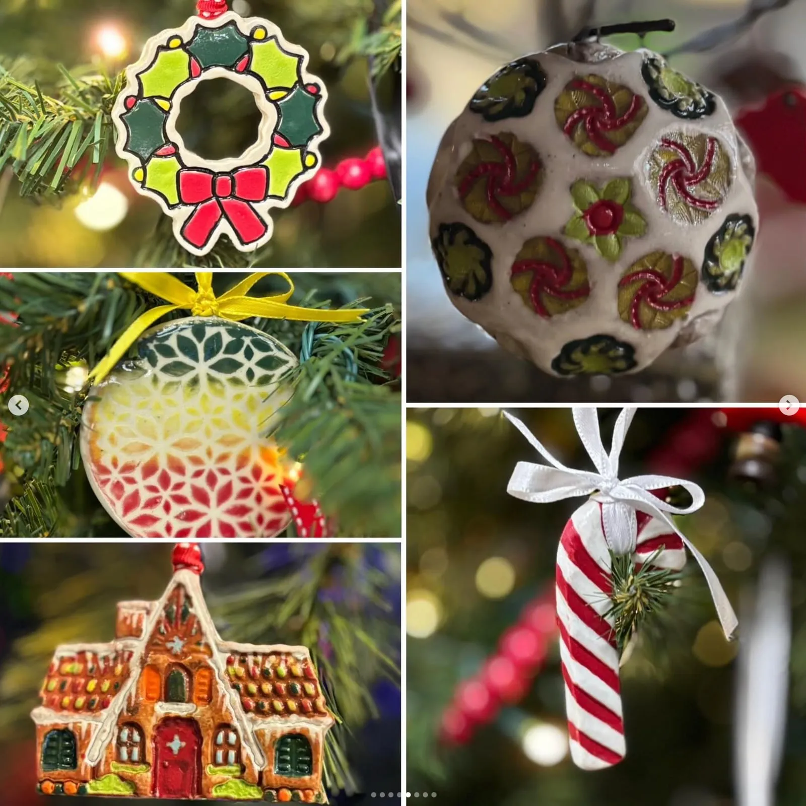 Collection of ceramic Christmas ornaments — a wreath, a snowflake medallion, a flower-patterned ball, a candy cane, and a gingerbread house.