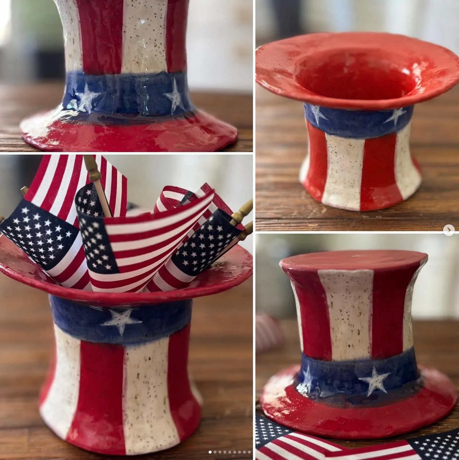 Ceramic Uncle Sam top hat painted with red and white stripes and a star-spangled blue band.