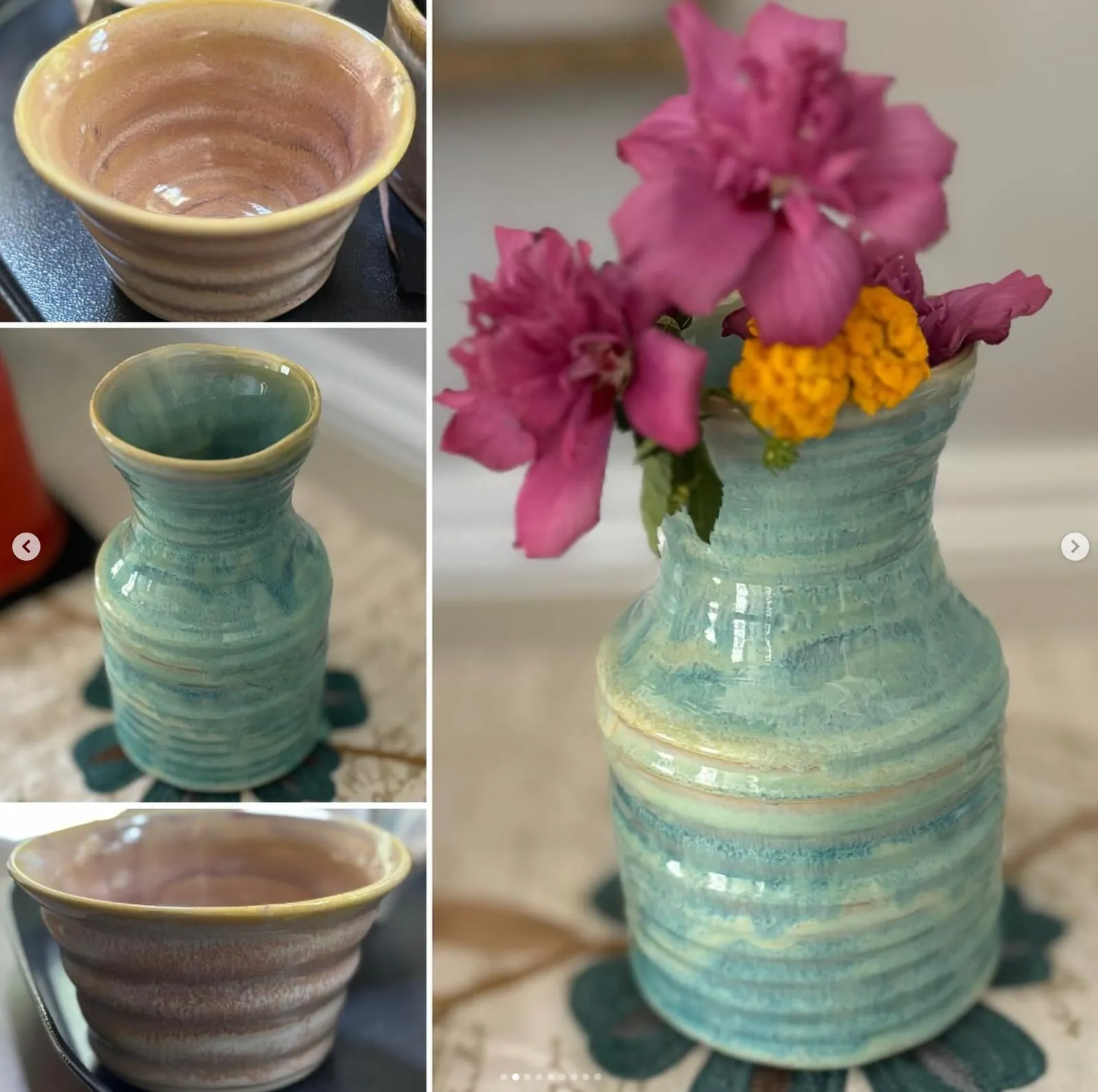 A collection of wheel-thrown vases and bowls — a sage-glazed vase with flowers, a cream-rimmed bowl, and a mauve mug.